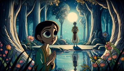 A traditional 2D animation style image depicting the moment Echo gazes at Narcissus, who is entranced by his own reflection in the water.
