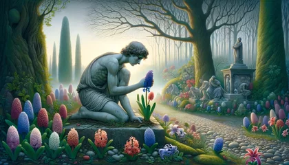 Foto op Canvas A whimsical, animated art style image capturing Apollo mourning over Hyacinth, set in the now serene and somber garden. © FantasyLand86