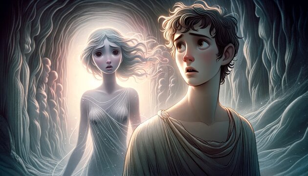 A whimsical, animated art style depiction of the moment Orpheus looks back at Eurydice in the Underworld.