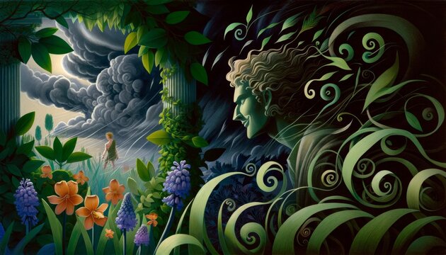 A whimsical, animated art style image illustrating Zephyrus, the West Wind, plotting from the shadows.