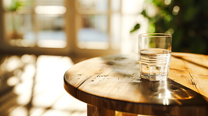 カフェの丸テーブルに置かれた水が入ったコップ