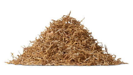 pile of wood shavings, shaved or chopped from larger pieces of wood, use as bedding material for animals and in various industrial applications, isolated on white background
