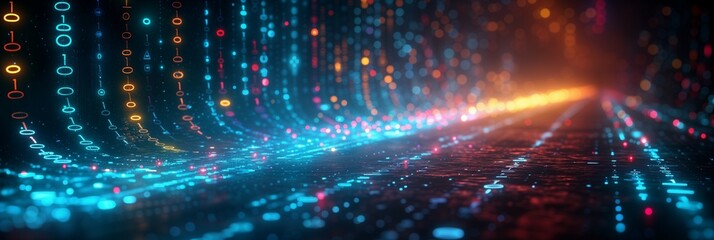 A paved abstract road made out of 0 and 1 binary code, colors, perspective and lightful