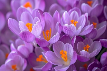 Cluster of crocuses lit by warm spring light, accentuating their rich purple color