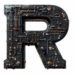 isolated black metal letter R in tech noir style on white background