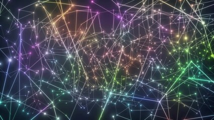 Connection in a digital world. Many big data square dots connecting in a complex evolving colorful data flow network. AI Technology abstract 4k seamlessly looping background.