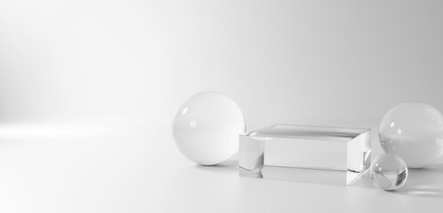 白背景に透明な立方体のガラスの台座と球体。コピースペース。3D（横長）