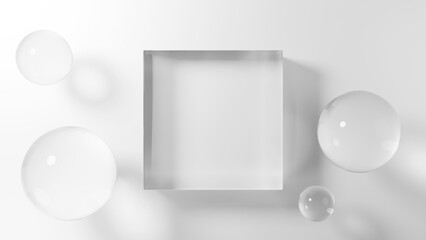 白背景に透明な立方体のガラスの台座と球体。俯瞰。3D（横長） - obrazy, fototapety, plakaty