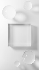 白背景に透明な立方体のガラスの台座と球体。俯瞰。3D（縦長）