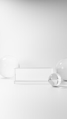 白背景に透明な立方体のガラスの台座と球体。3D（縦長）