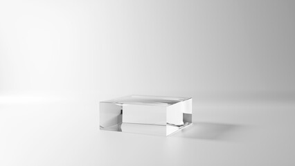 白背景に透明な立方体のガラスの台座。3D（横長）