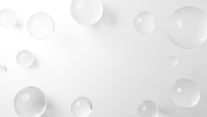 白背景に透明な球体のガラス。コピースペース。俯瞰。3D（横長）