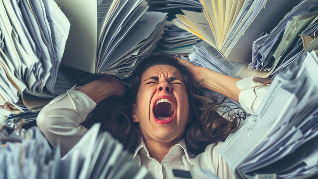 Stressed businesswoman screaming while drowning in heap of document - expressing anxiety and overwhelm workload