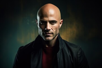 Portrait of a bald man in a black jacket on a dark background