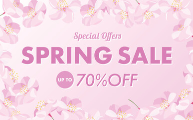 セール背景やタイトルに使えるシンプルな満開の桜吹雪と花びらのコピースペースのあるピンクグラデーションの春フレーム