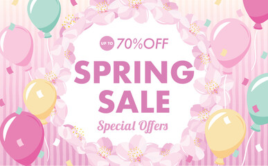 イベント・セールに最適な満開の桜の花びらと風船・バルーンのポップなコピースペースのある春フレーム素材