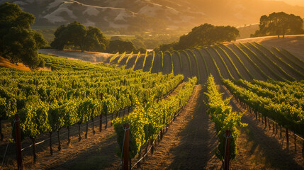 Fototapeta na wymiar Sunrise Over Beautiful Vineyards - Sprawling Rows of Grapevines Casting Long Shadows into Mountainous Terrain - First Light of Dawn Over Tranquil Wine Country Travel Destination