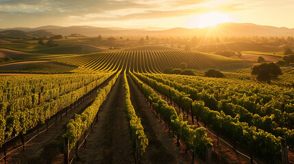 Sunrise Over Beautiful Vineyards - Sprawling Rows of Grapevines Casting Long Shadows into...