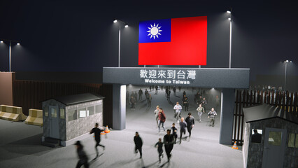 People walk through the border checkpoint gate to Taiwan at night - 3D rendered - obrazy, fototapety, plakaty