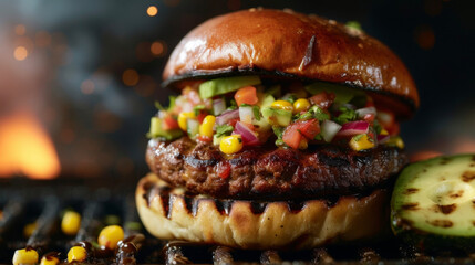 The ultimate grilling experience a flamegrilled veggie burger topped with a homemade avocado and corn salsa adding a fresh and creamy twist to the smoky flavors. Bite into