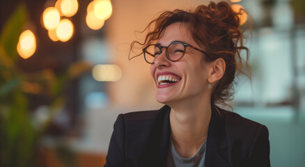 Radiant Laughter: Spirited Businesswoman in a Cozy Cafe Ambience