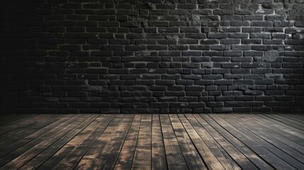 Fototapeta premium Dark brick wall and wooden floor in an empty room, in the style of minimalist. Generative AI.