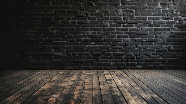 Dark brick wall and wooden floor in an empty room, in the style of minimalist. Generative AI.