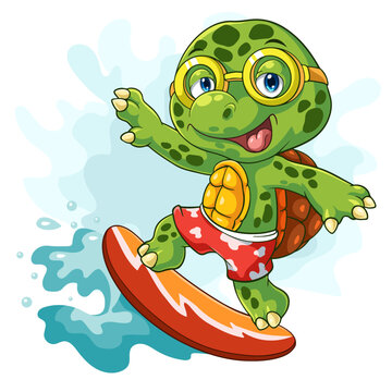 Cartoon turtle surfing in the sea.