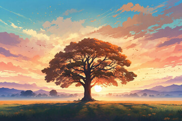 Fototapeta na wymiar An old big tree in the middle of a wide meadow in autumn at sunset. In anime style
