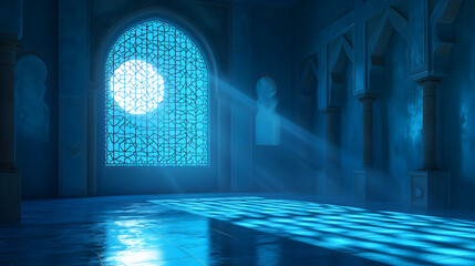 Moonlight shines through a window in a beautiful Islamic background art, creating a serene and tranquil atmosphere perfect for spiritual or cultural use. - obrazy, fototapety, plakaty