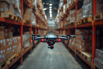 Drone with digital camera flying in warehouse. 3d rendering.Drone flying in the warehouse. Shallow depth of field.Drone Inventory Management in a Modern Warehouse