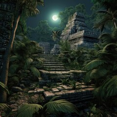 Fototapeta na wymiar Mystical Mayan Temple: Digital Backdrop of an Ancient Structure in the Jungle