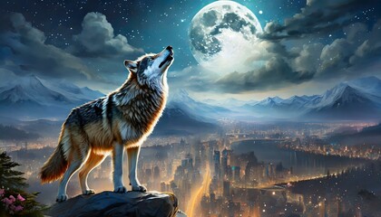 wolf howling at night, wolf howling at the moon realistic art in a city illustration background - obrazy, fototapety, plakaty