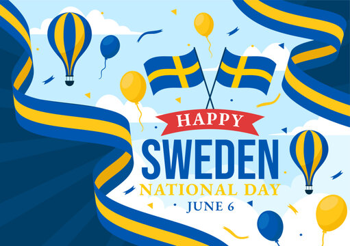 Sweden National Day Vector Illustration on 6 June Celebration with Swedish Flag and Ribbon in Holiday Celebration Flat Cartoon Background - Powered by Adobe