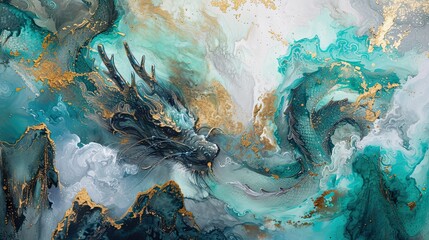 Chinese dragon, Year of the Dragon, 3d wallpaper, mountain and river fantasy landscape background inspired by chinese traditional ink painting, gold, blue, green, generative AI - obrazy, fototapety, plakaty