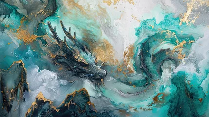 Foto op Plexiglas Fantasie landschap Chinese dragon, Year of the Dragon, 3d wallpaper, mountain and river fantasy landscape background inspired by chinese traditional ink painting, gold, blue, green, generative AI