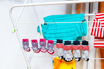 Small bright dog socks, striped T-shirts hanging on dryer after washing Wet clothes, stylish look for pets, washed from dirt after walk, hang on metal bars Ad for washing powder for colored knitwear