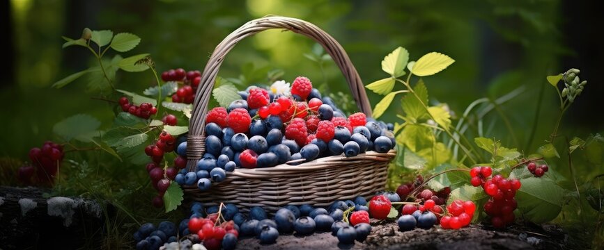 A summer picture with freshly picked forest berries (lingonberry, blueberry, raspberry)