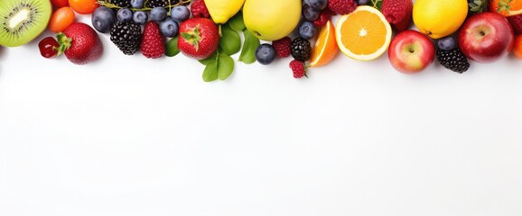 Overhead view of multicolored fresh ripe organic fruits shot on white background. The composition is at the left of an horizontal frame leaving useful copy space