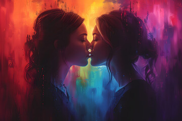 Double exposure of two young women kissing on colorful background. Concept of love.,A Symphony of Colors.