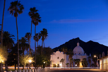 Twilight view of historic structures in downtown Ajo, Arizona, USA.