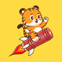 Cute tiger riding meat rocket cartoon vector icon illustration animal transportation isolated