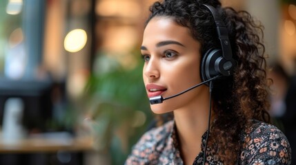 A customer service representative wearing a wireless headset speaking with a customer on the other end of the line. The caption highlights how businesses are using technology