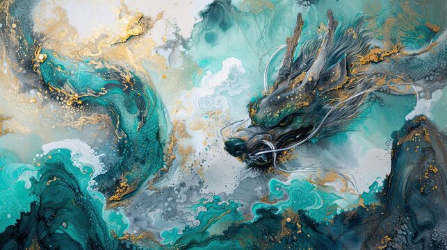 Chinese dragon, Year of the Dragon, 3d wallpaper, mountain and river fantasy landscape background inspired by chinese traditional ink painting, gold, blue, green, generative AI