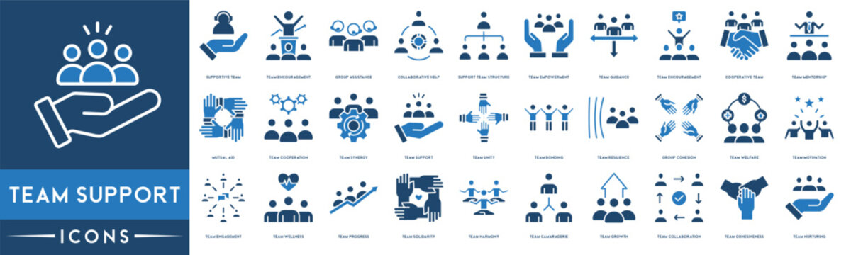 Team Support, Team Motivation, Team Engagement, Teamwork icon set. Included the icons as Job Team Wellness, Empowerment, Unity, Bonding, Resilience, Growth and Collaboration