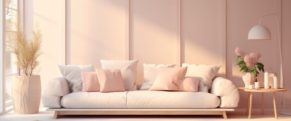 Fototapeta na wymiar Cozy light home interior mock-up in pastel colors, 3d render
