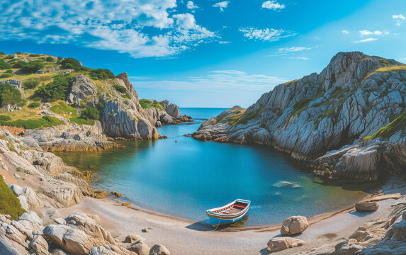 Serene Cove with Boat Amidst Rocky Landscape