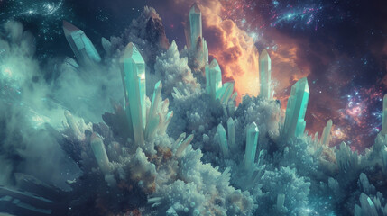 Layers of crystalline formations intertwine to form an otherworldly landscape in Crystal Visions a place of quiet contemplation and wondrous enchantment. - obrazy, fototapety, plakaty