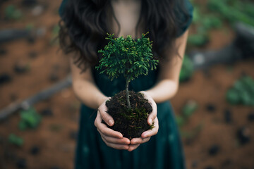woman holding a tree in her hands in