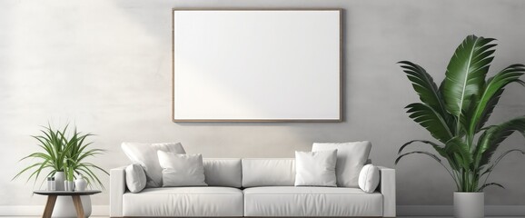 picture frame in living room interior mock up in gray tones with tropical palm tree leaves,